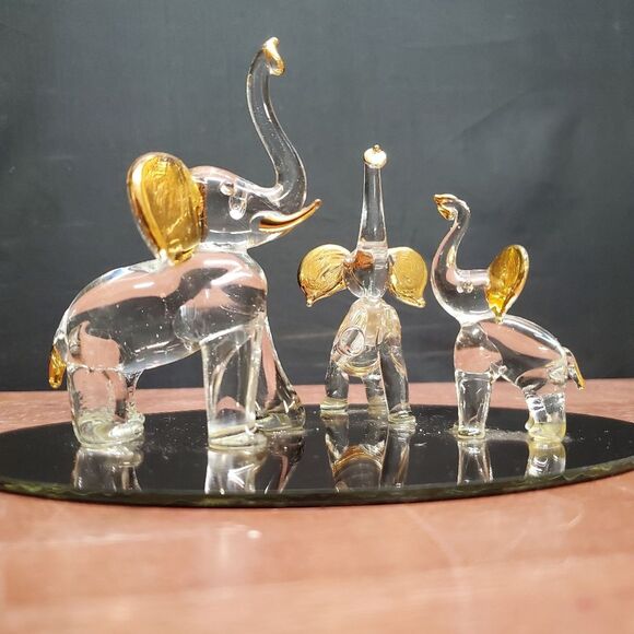 Glass Blown Elephant Trinket Ring Holder 22kt Gold Trim Mirror Base - Picture 10 of 10